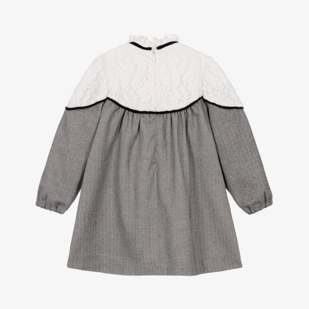Foque-Girls Grey Herringbone & White Floral Lace Dress | Childrensalon