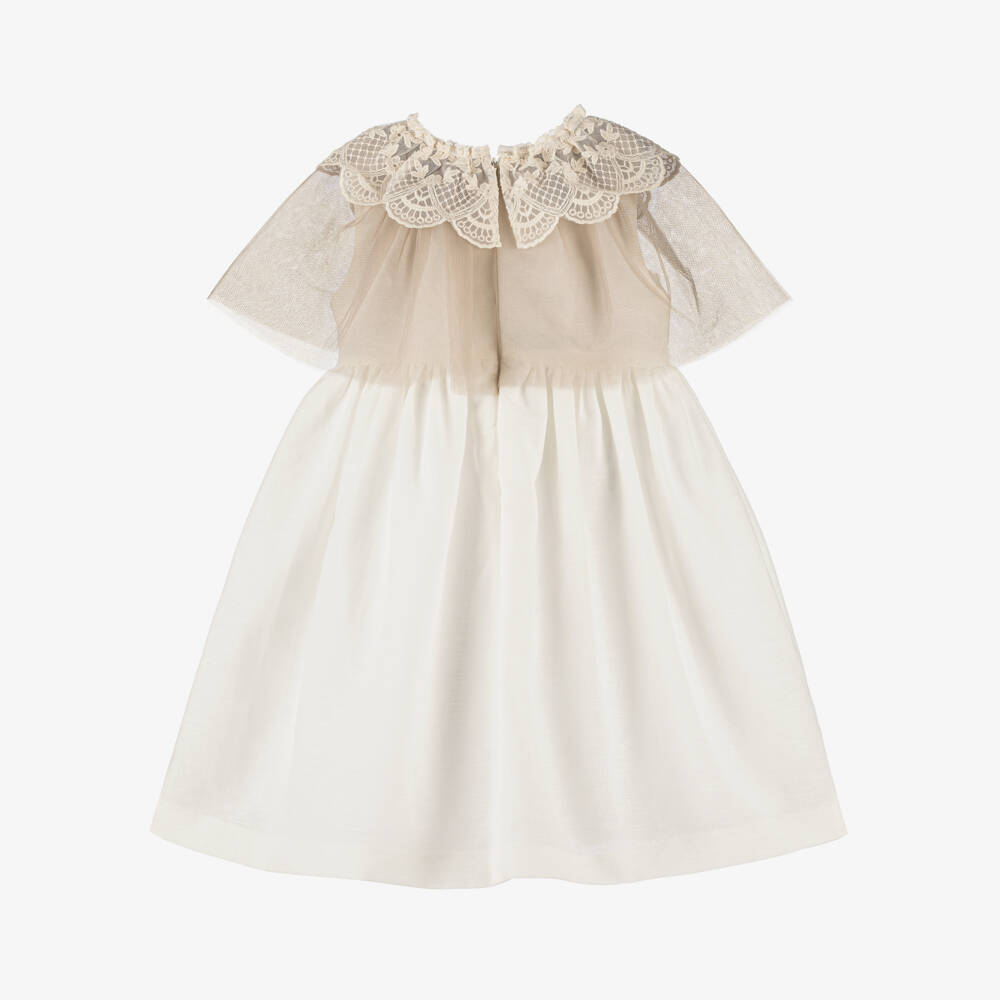 Foque-Girls Ivory & Beige Tulle Cape & Bow Dress | Childrensalon