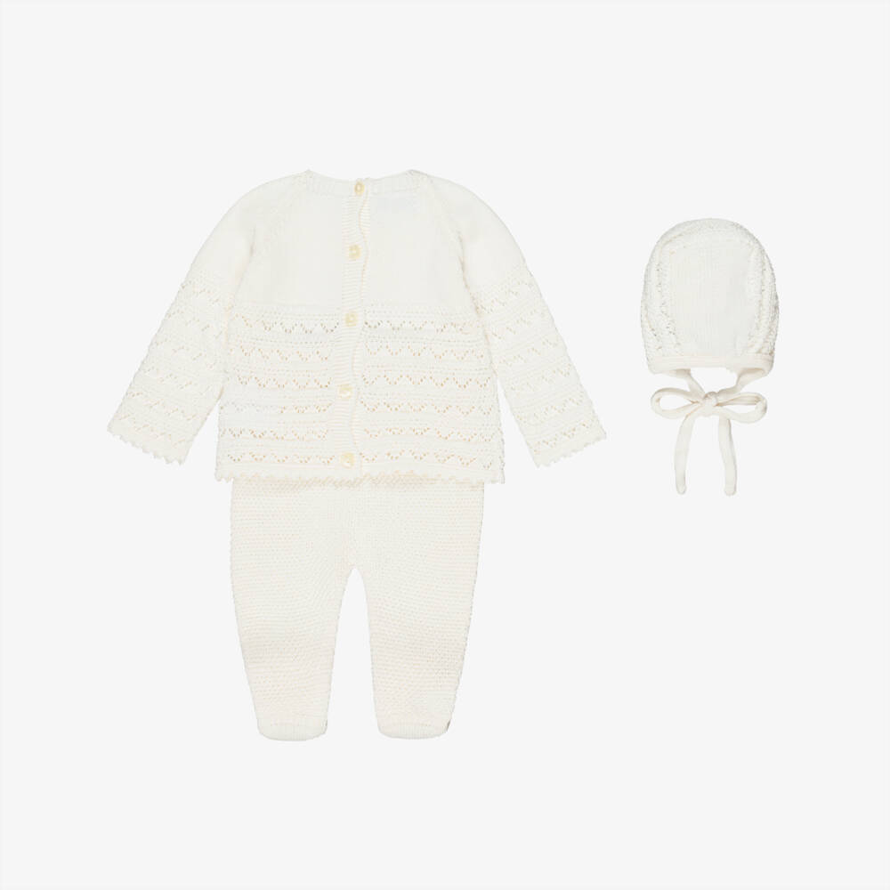 Foque-Girls Ivory Cotton Pointelle Knit Babysuit Set | Childrensalon