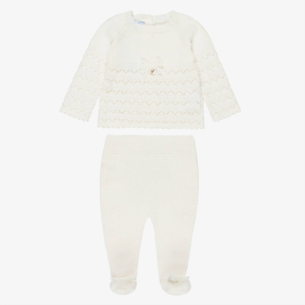 Foque-Girls Ivory Cotton Pointelle Knit Babysuit Set | Childrensalon