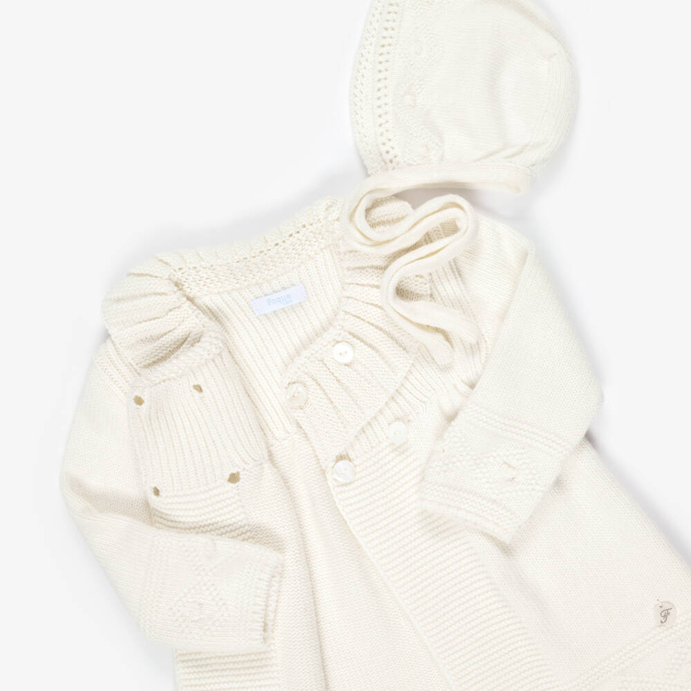Foque-Girls Ivory Knitted Coat & Bonnet Set | Childrensalon