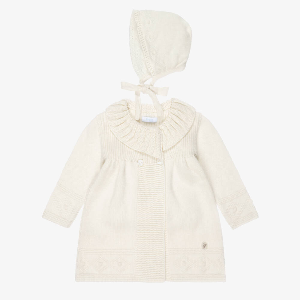 Foque-Girls Ivory Knitted Coat & Bonnet Set | Childrensalon