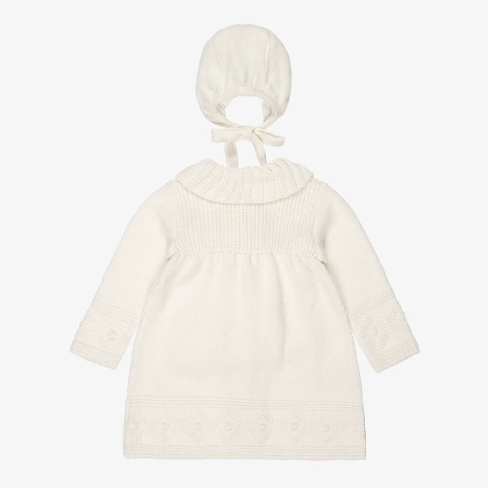 Foque-Girls Ivory Knitted Coat & Bonnet Set | Childrensalon