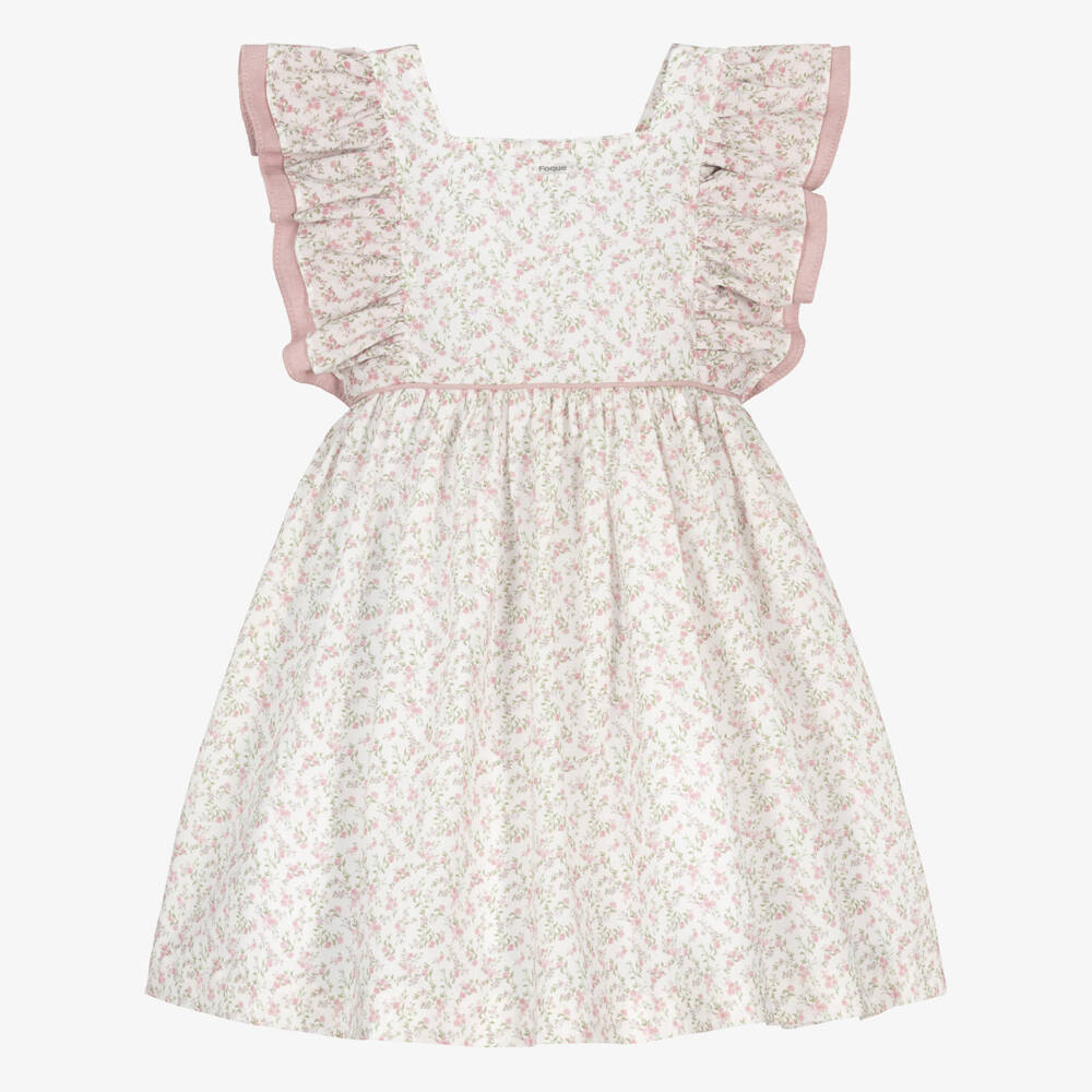 Foque-Girls Ivory & Pink Floral Print Cotton Dress | Childrensalon