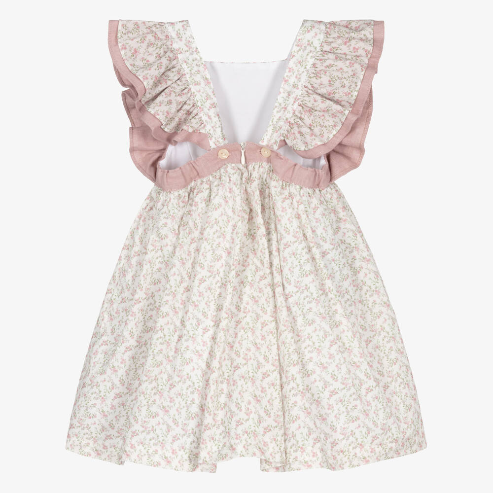 Foque-Girls Ivory & Pink Floral Print Cotton Dress | Childrensalon
