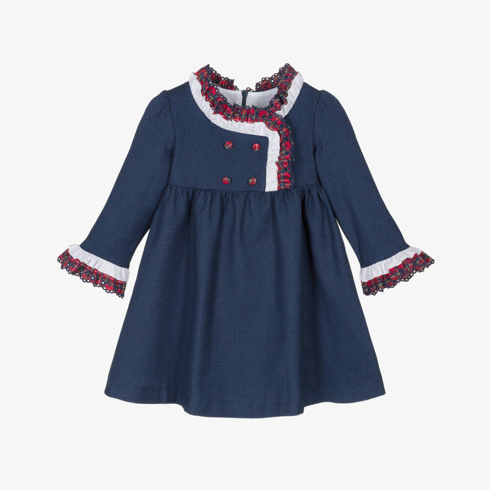 Foque-Girls Navy Blue Cotton Dress with Red Tartan Trims | Childrensalon