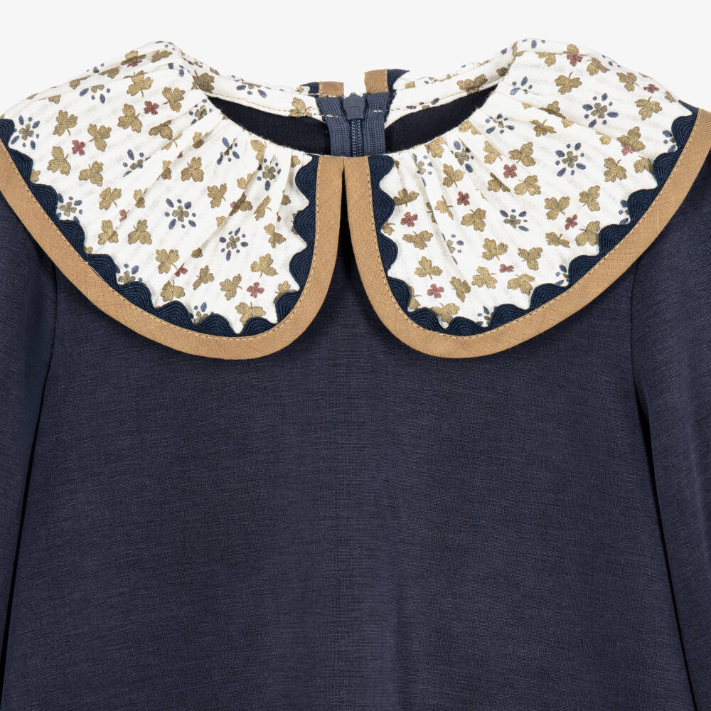 Foque-Girls Navy Blue Dress with Leaf Print Collar | Childrensalon