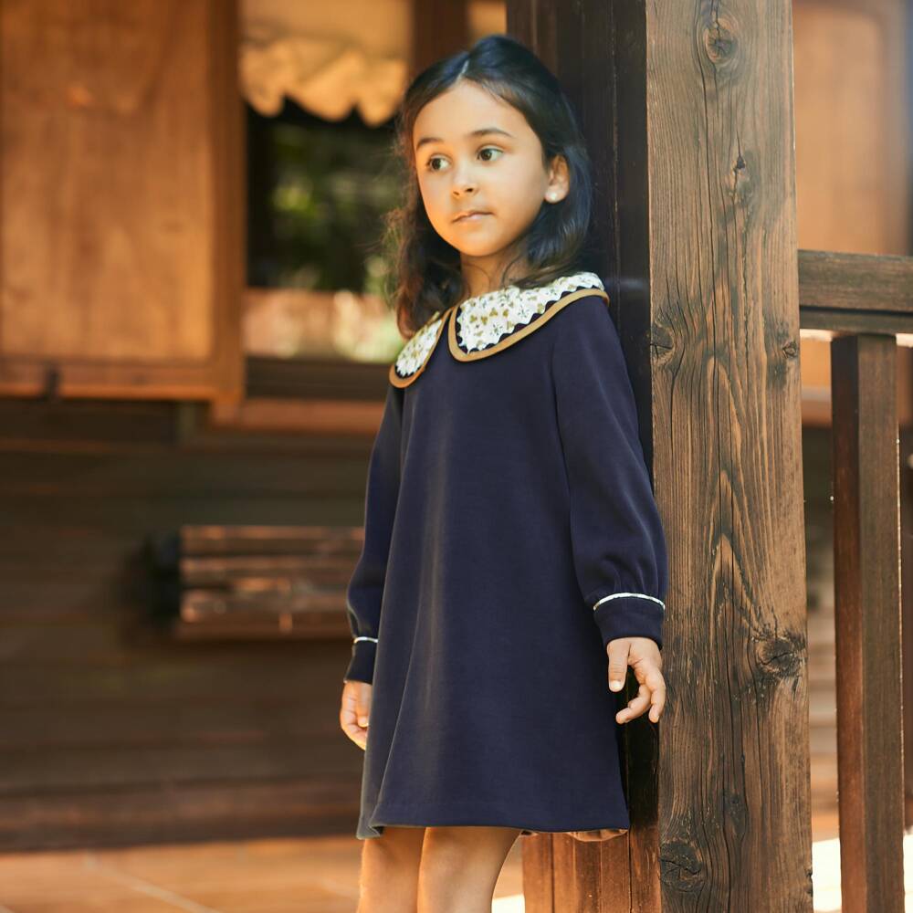 Foque-Girls Navy Blue Dress with Leaf Print Collar | Childrensalon