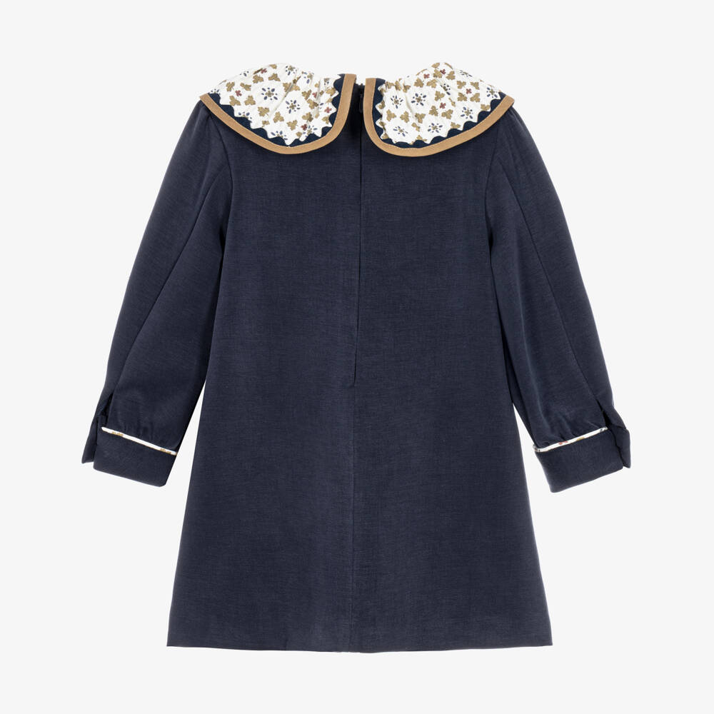 Foque-Girls Navy Blue Dress with Leaf Print Collar | Childrensalon