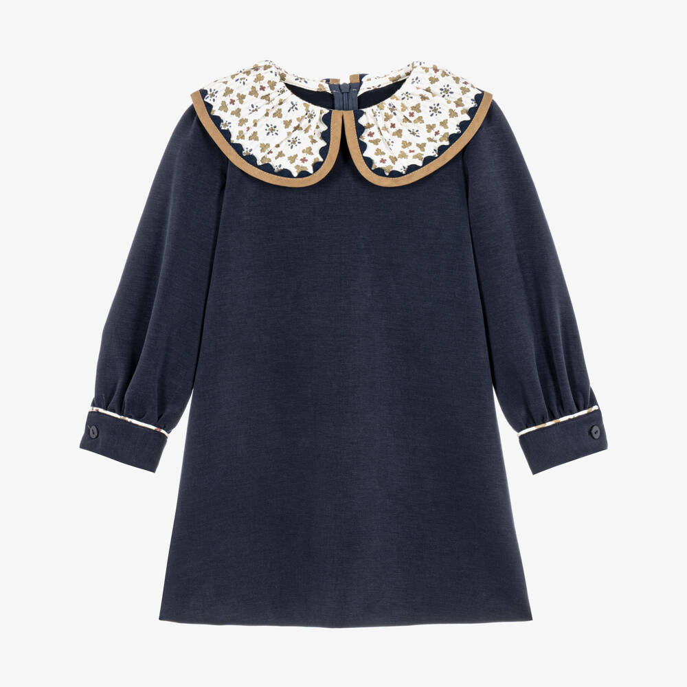 Foque-Girls Navy Blue Dress with Leaf Print Collar | Childrensalon