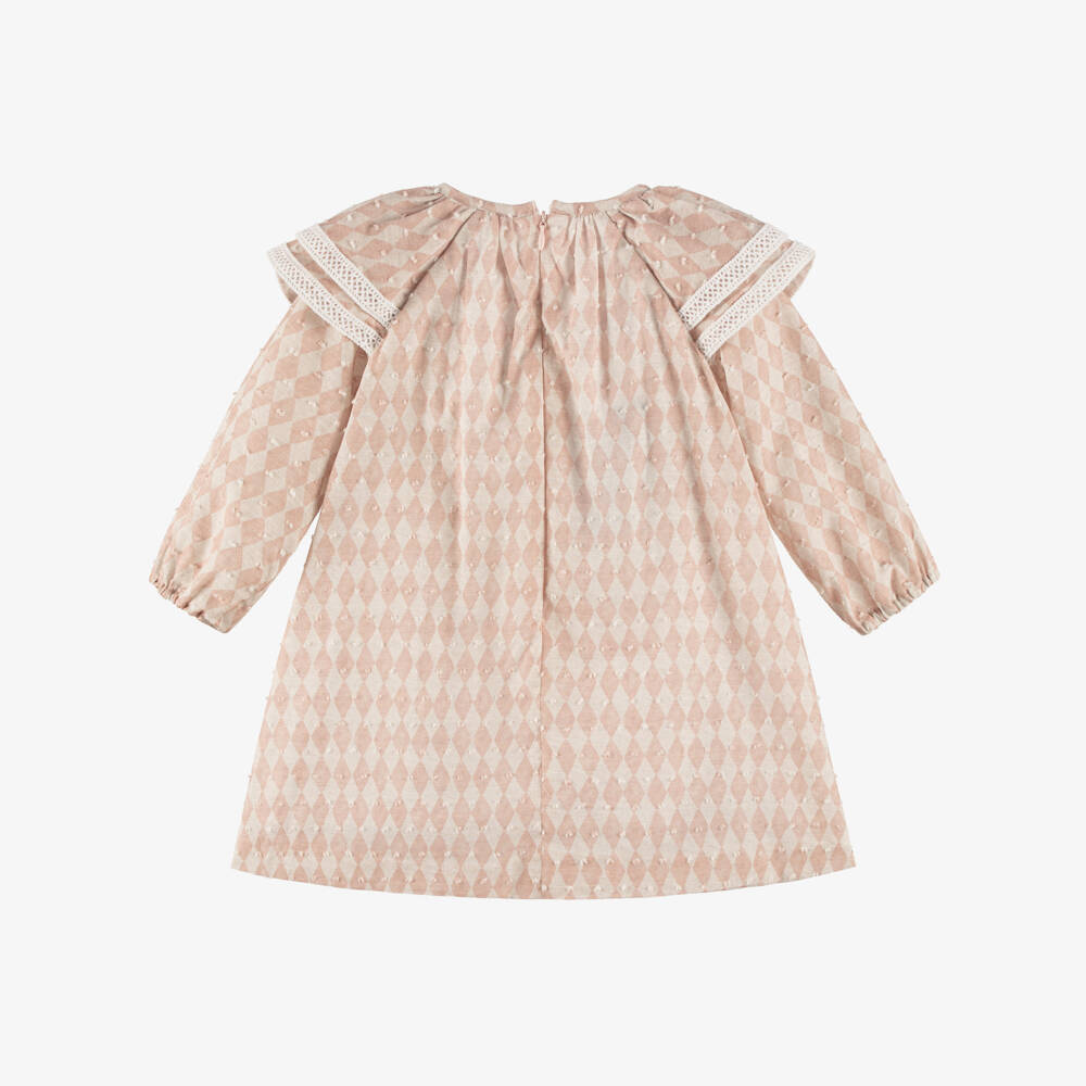 Foque-Girls Pink & Beige Plumetis Cotton Pom-Pom Dress with Ruffles | Childrensalon