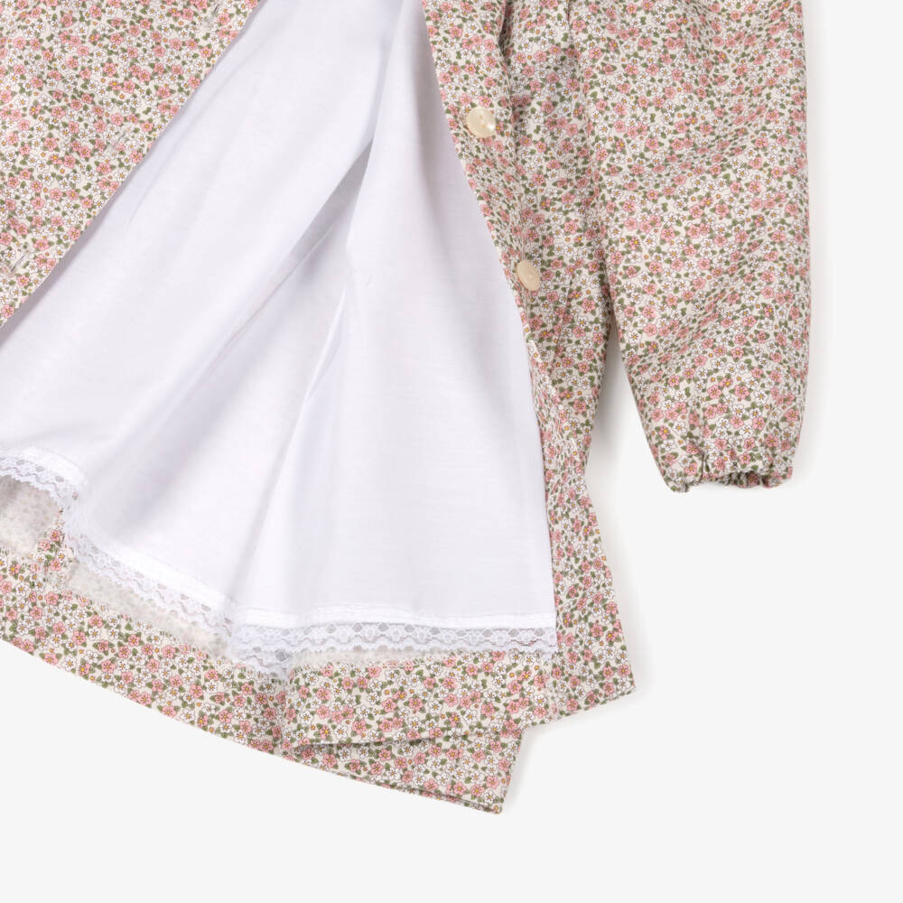 Foque-Girls Pink Cotton Floral Dress with Knitted Collar | Childrensalon