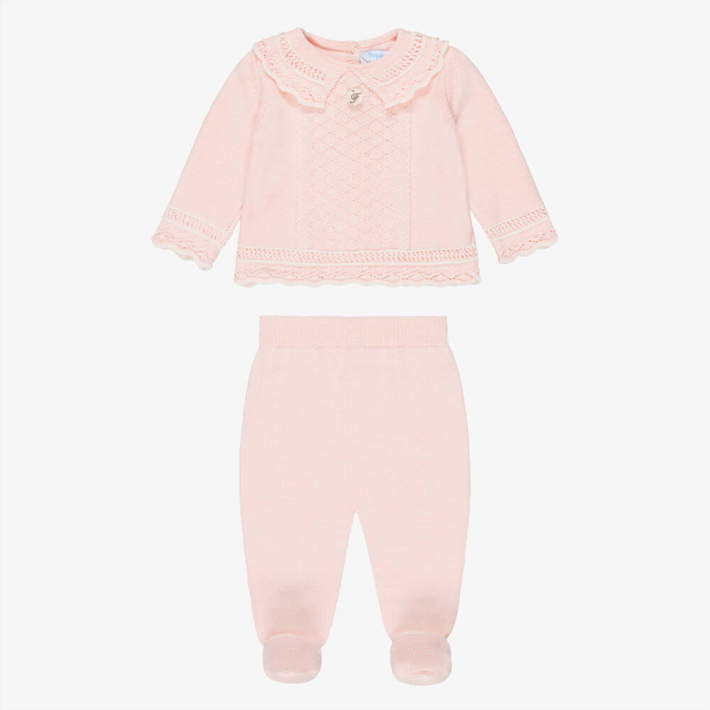Foque-Girls Pink Cotton Patterned Knit Babysuit Set | Childrensalon