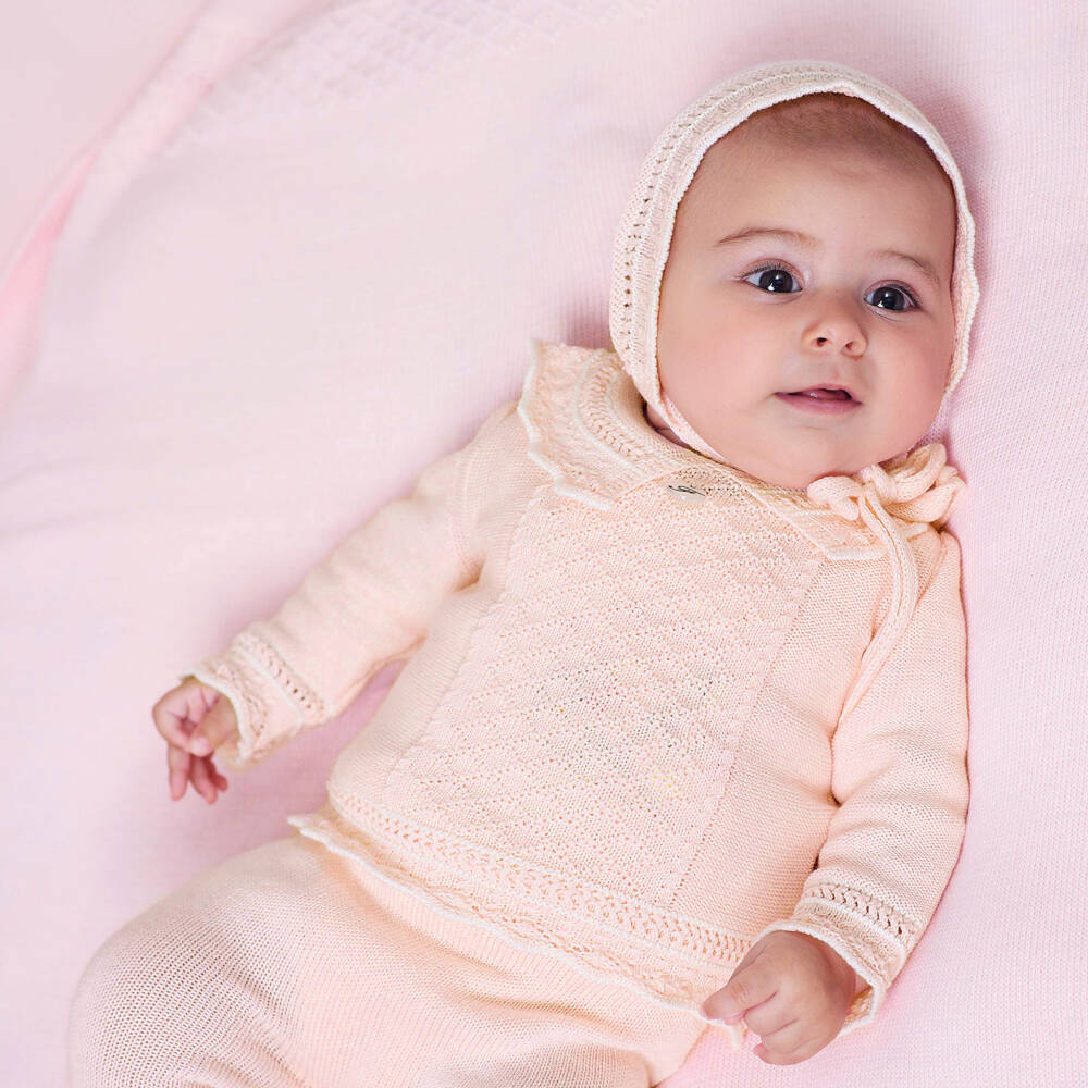 Foque-Girls Pink Cotton Patterned Knit Babysuit Set | Childrensalon