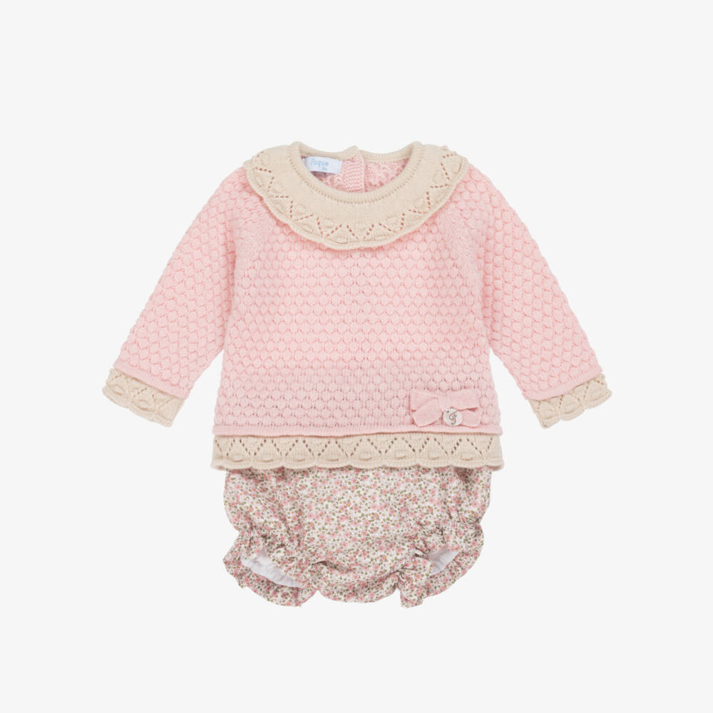 Foque-Girls Pink Knit & Floral Cotton Shorts Set | Childrensalon