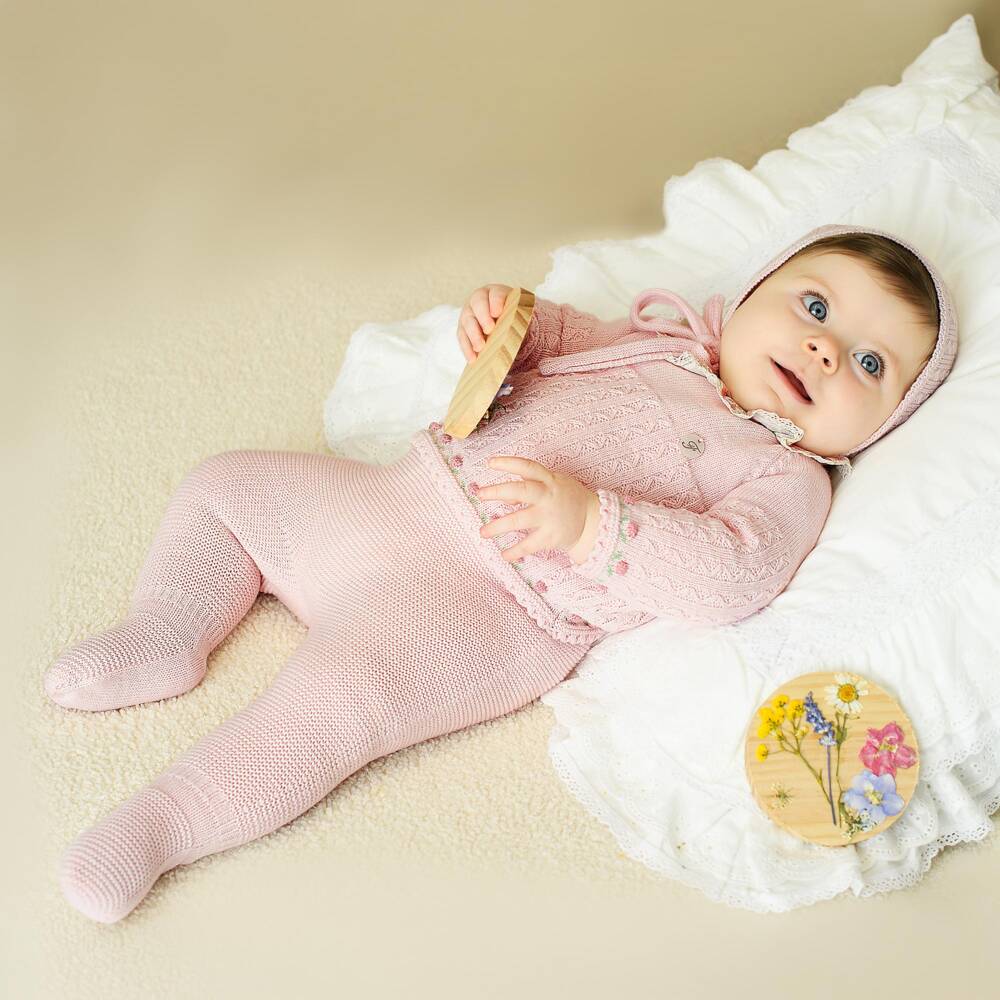Foque-Girls Pink Knitted 2 Piece Babygrow with Floral Collar | Childrensalon