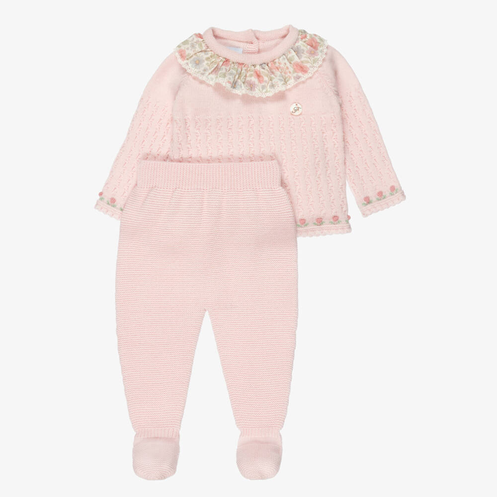 Foque-Girls Pink Knitted 2 Piece Babygrow with Floral Collar | Childrensalon