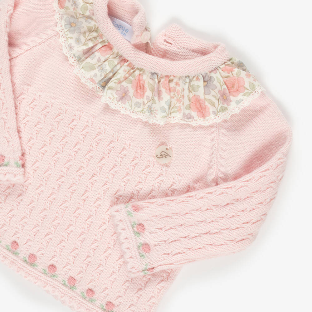 Foque-Girls Pink Knitted 2 Piece Babygrow with Floral Collar | Childrensalon