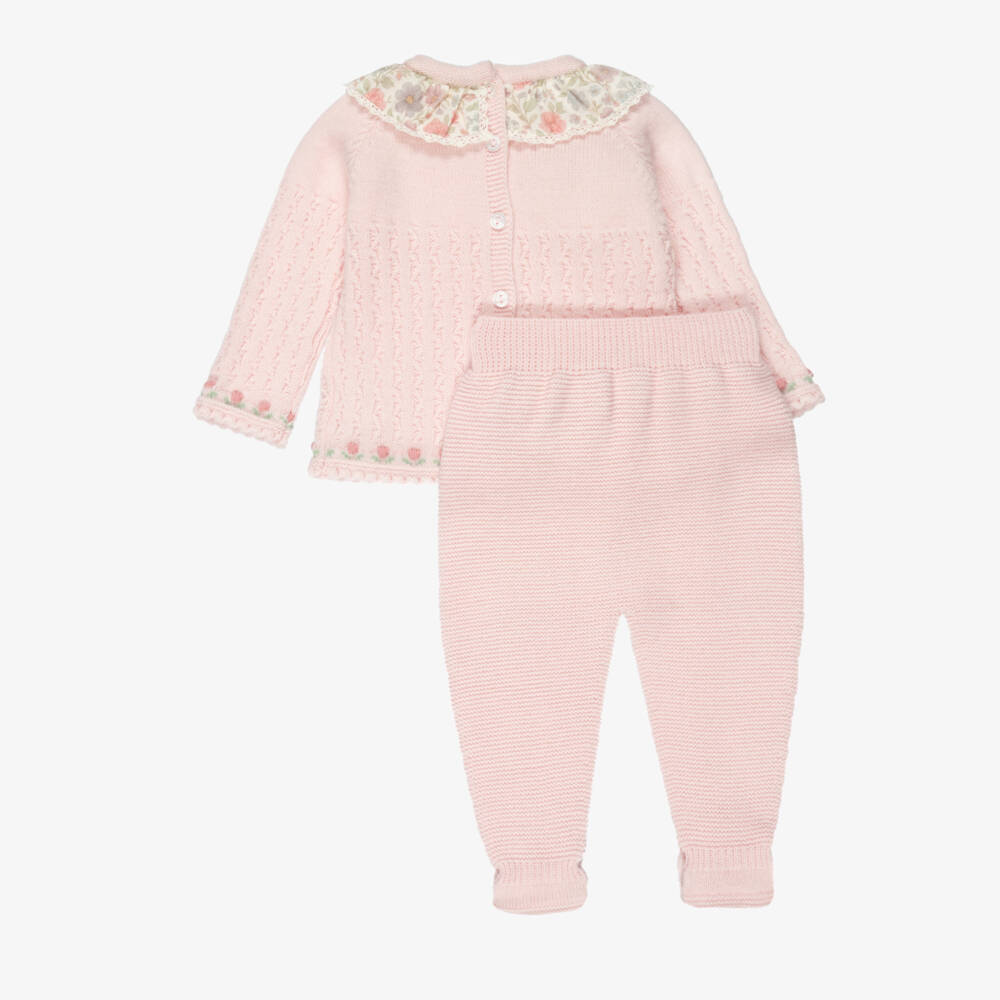 Foque-Girls Pink Knitted 2 Piece Babygrow with Floral Collar | Childrensalon