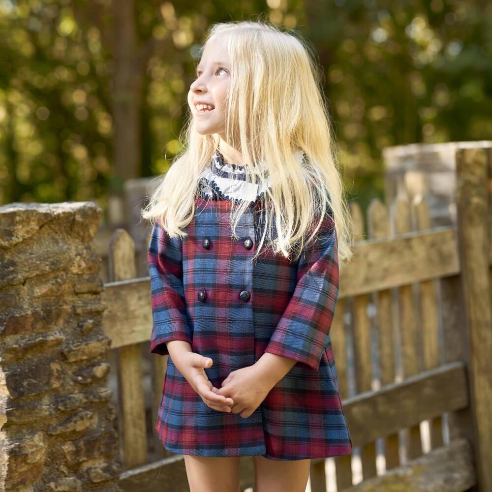 Foque-Girls Red & Blue Check Dress with Striped Collar | Childrensalon