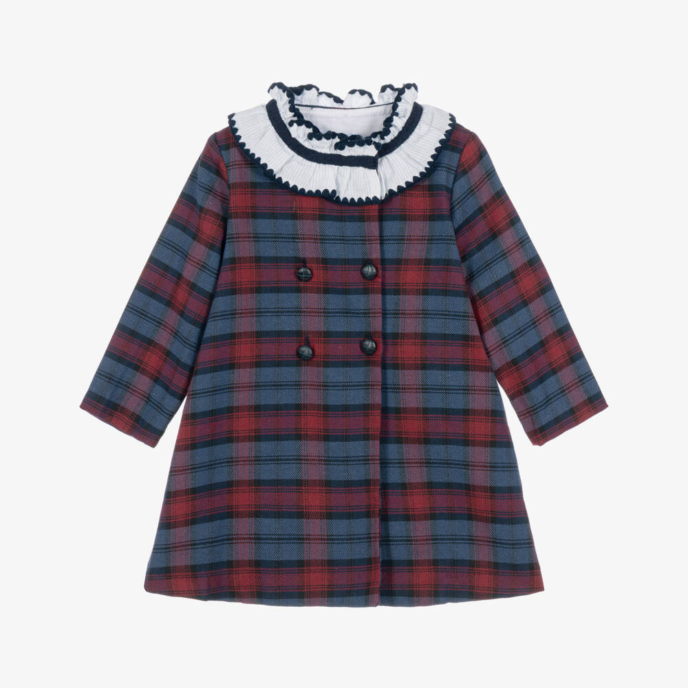 Foque-Girls Red & Blue Check Dress with Striped Collar  | Childrensalon