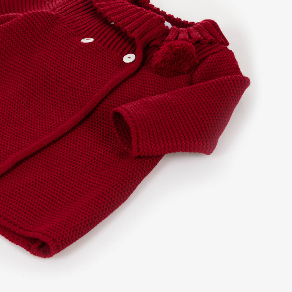 Foque-Girls Red Knitted Pram Coat & Bonnet Set | Childrensalon