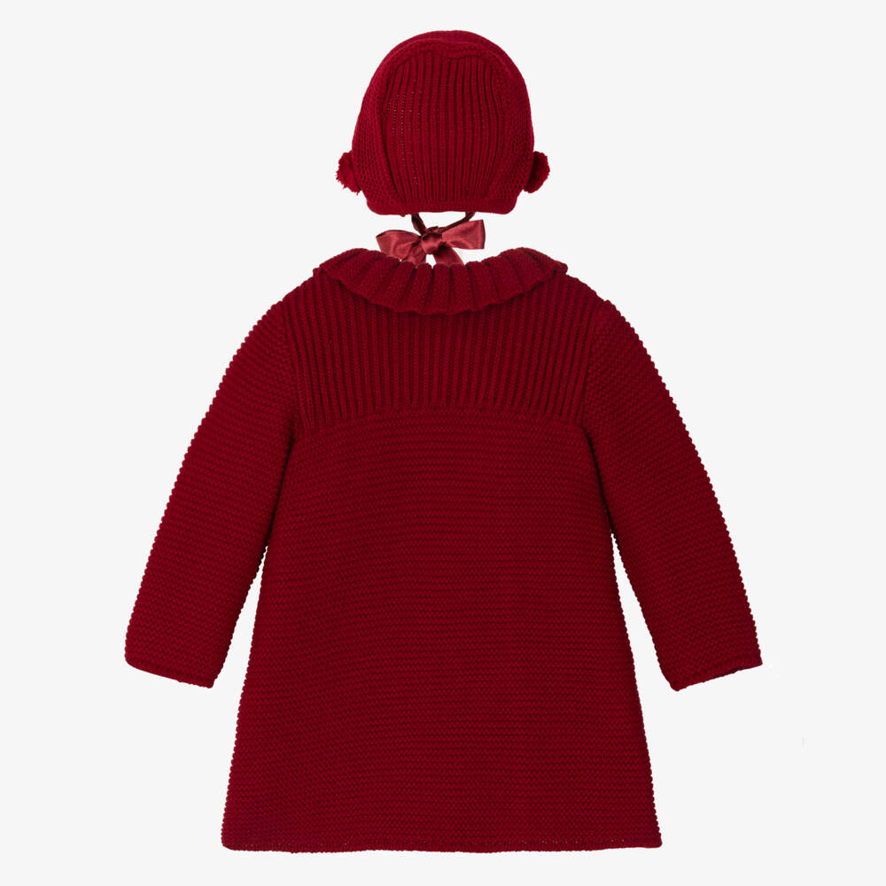 Foque-Girls Red Knitted Pram Coat & Bonnet Set | Childrensalon