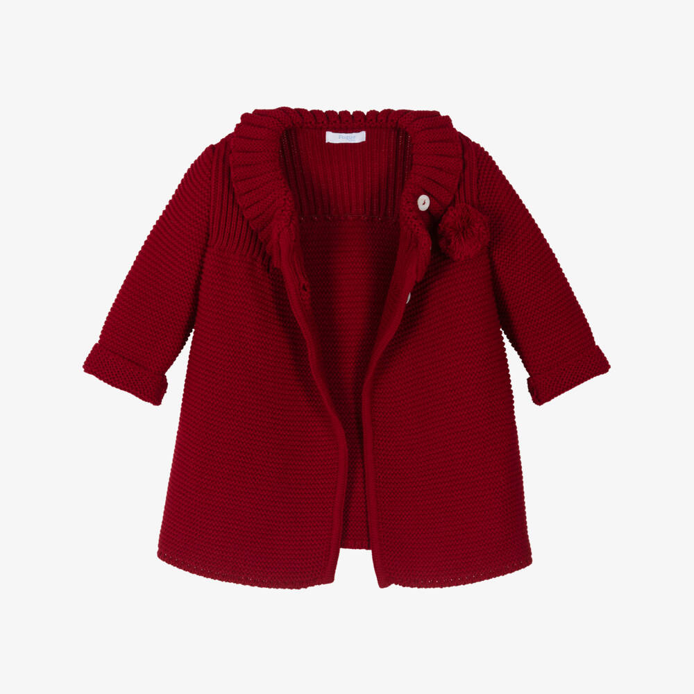 Foque-Girls Red Knitted Pram Coat & Bonnet Set | Childrensalon
