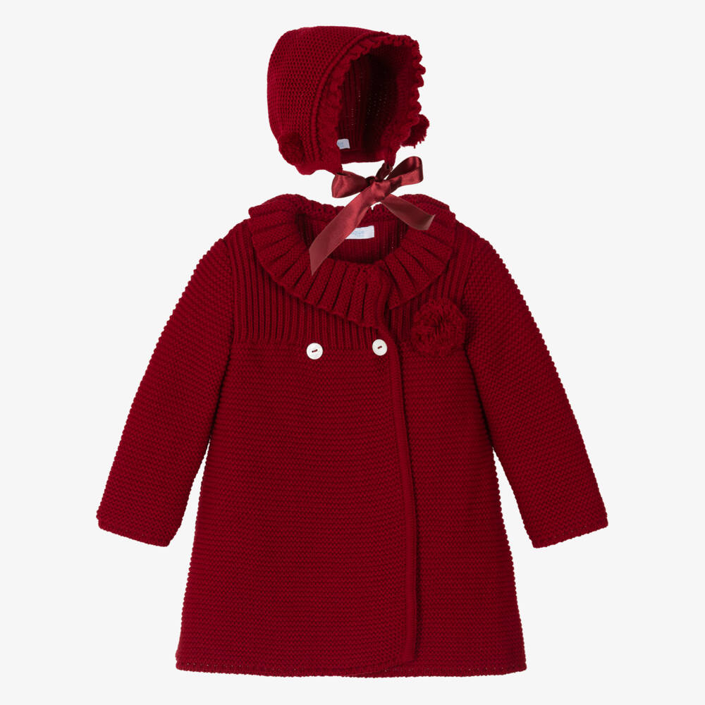 Foque-Girls Red Knitted Pram Coat & Bonnet Set | Childrensalon