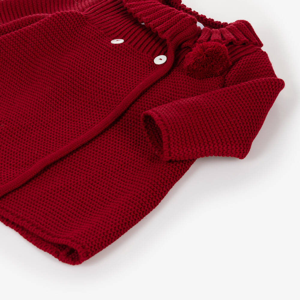 Foque-Girls Red Knitted Pram Coat & Bonnet Set | Childrensalon
