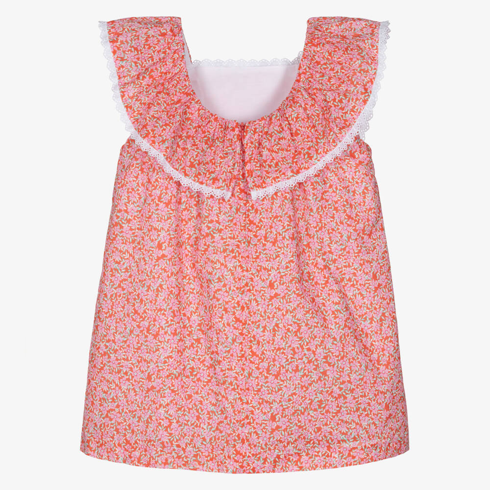 Foque-Girls Red & Pink Floral Cotton Ruffle Dress | Childrensalon