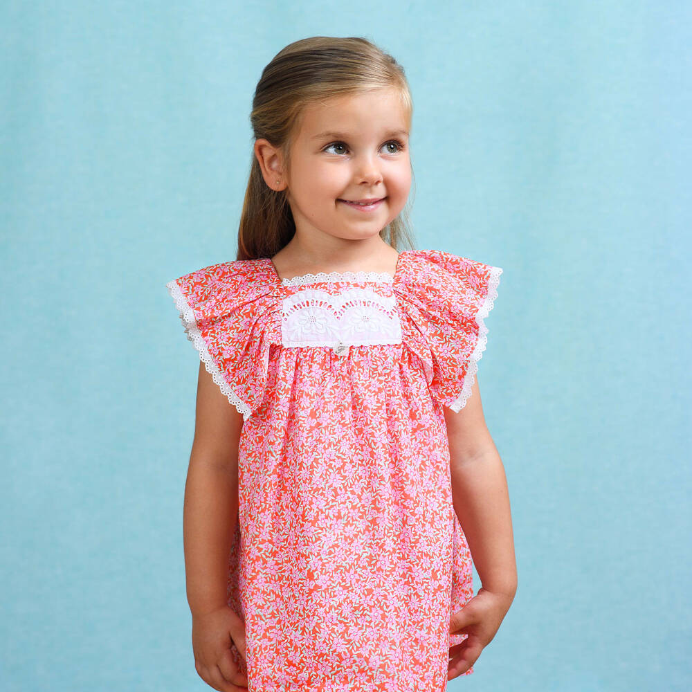 Foque-Girls Red & Pink Floral Cotton Ruffle Dress | Childrensalon