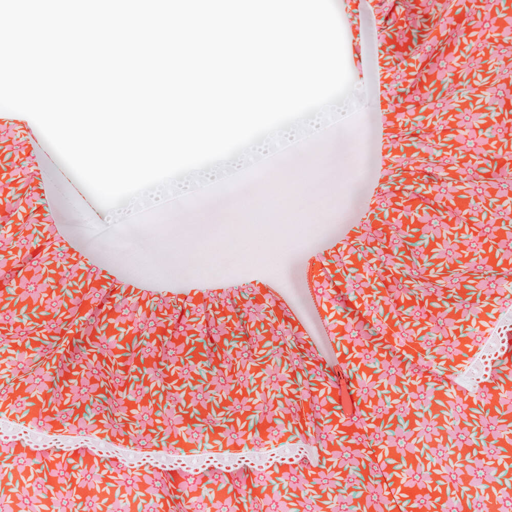 Foque-Girls Red & Pink Floral Cotton Ruffle Dress | Childrensalon