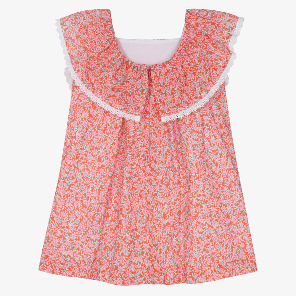 Foque-Girls Red & Pink Floral Cotton Ruffle Dress | Childrensalon