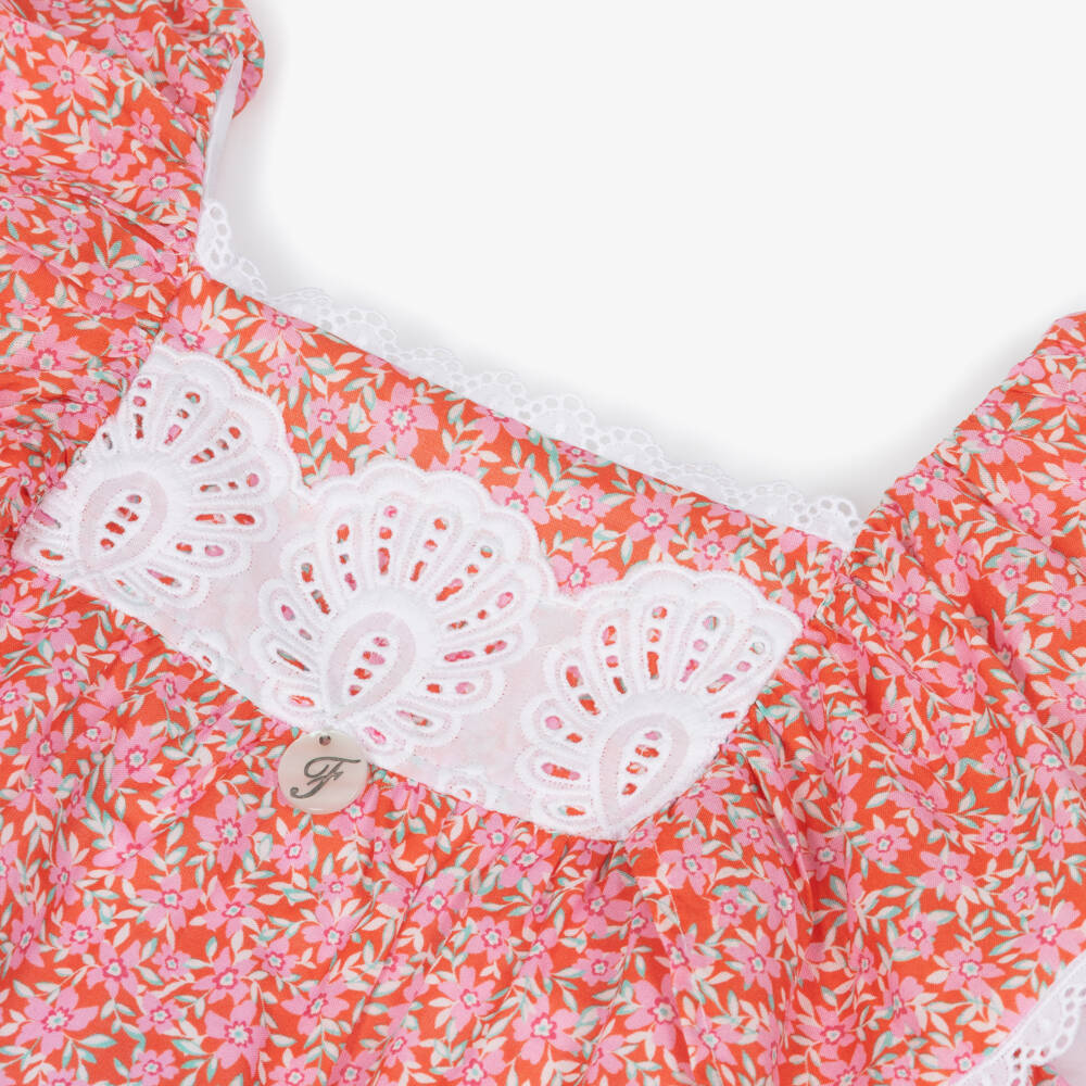 Foque-Girls Red & Pink Floral Cotton Ruffle Dress | Childrensalon