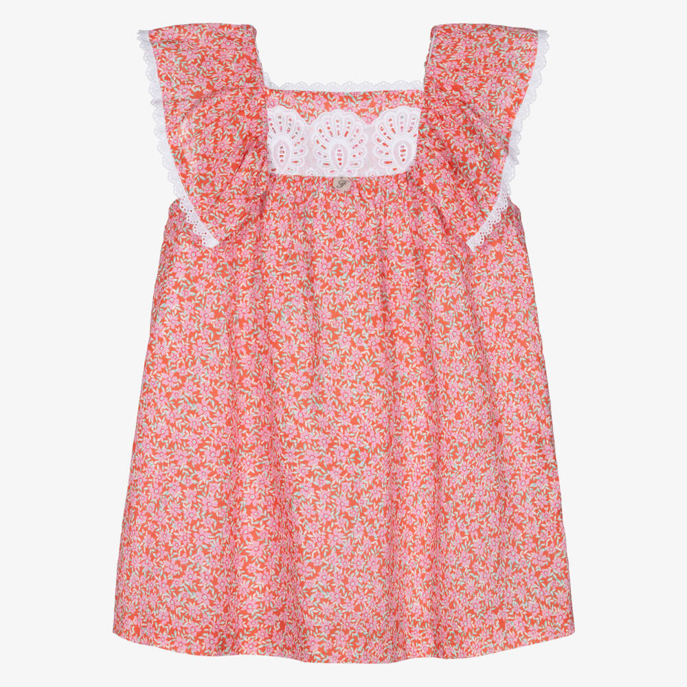 Foque-Girls Red & Pink Floral Cotton Ruffle Dress | Childrensalon