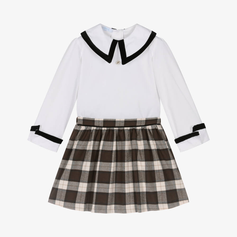 Foque-Girls White & Brown Checked Cotton Skirt Set | Childrensalon