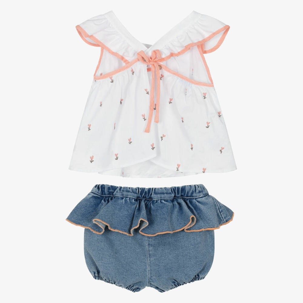 Foque-Girls White Floral Cotton Top & Denim Shorts Set | Childrensalon