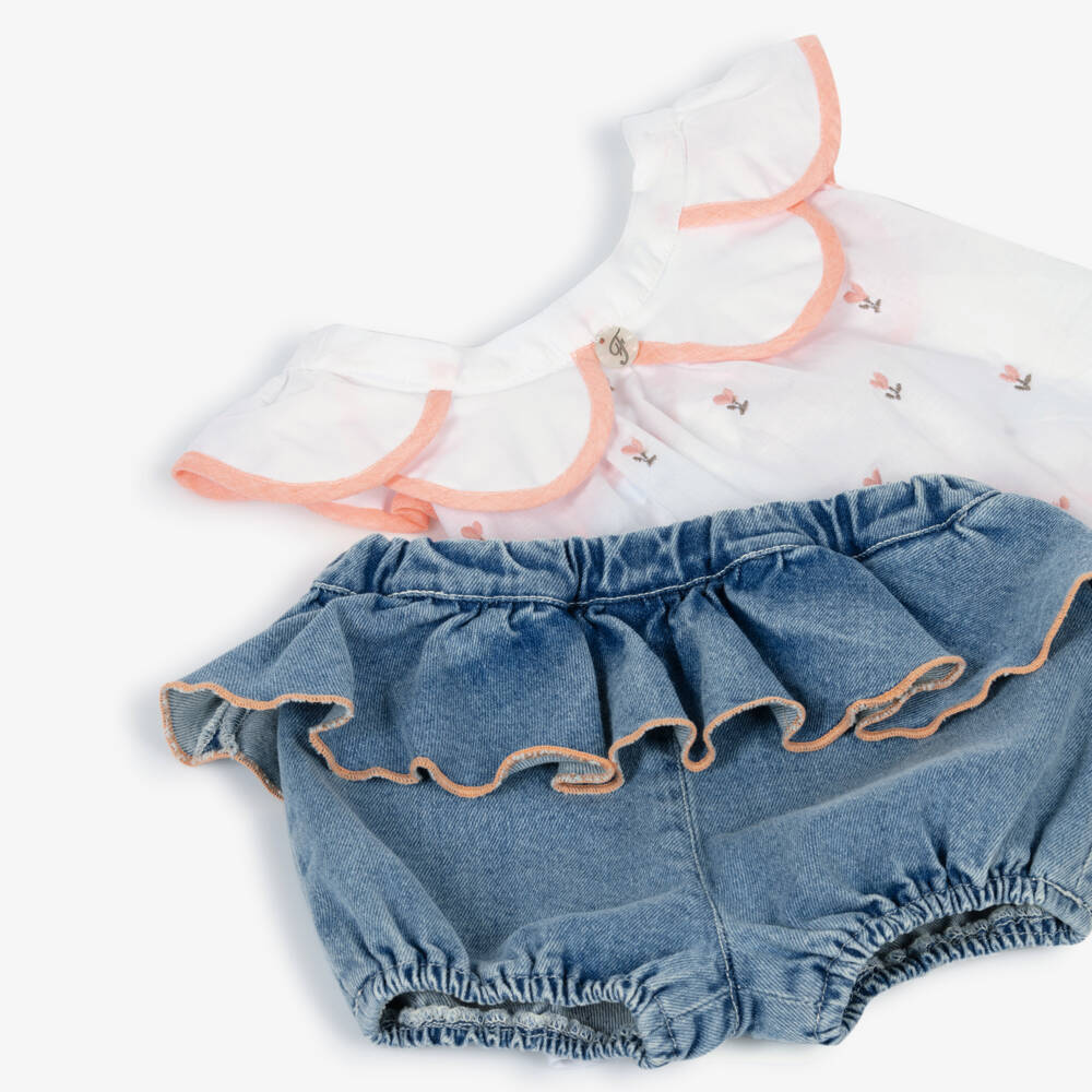 Foque-Girls White Floral Cotton Top & Denim Shorts Set | Childrensalon
