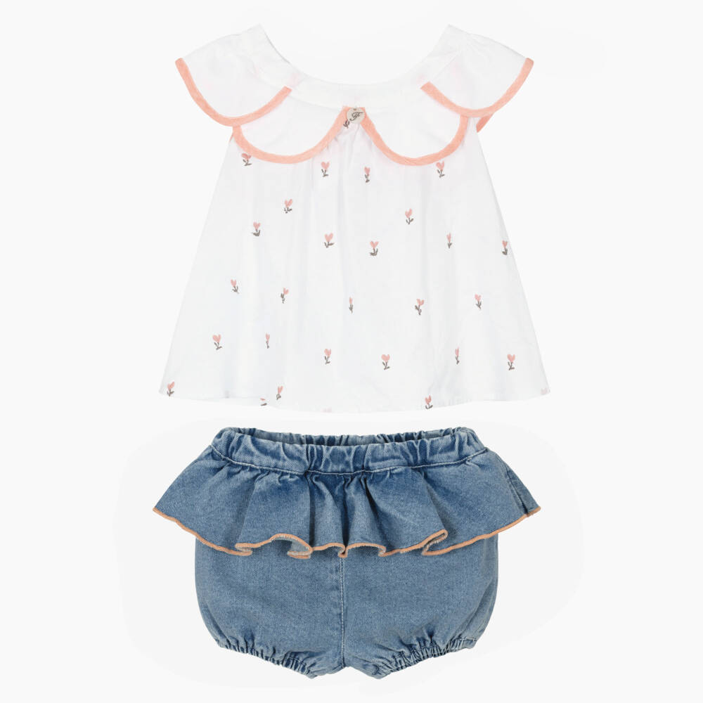 Foque-طقم شورت وبلوزة قطن لون أبيض للبنات | Childrensalon