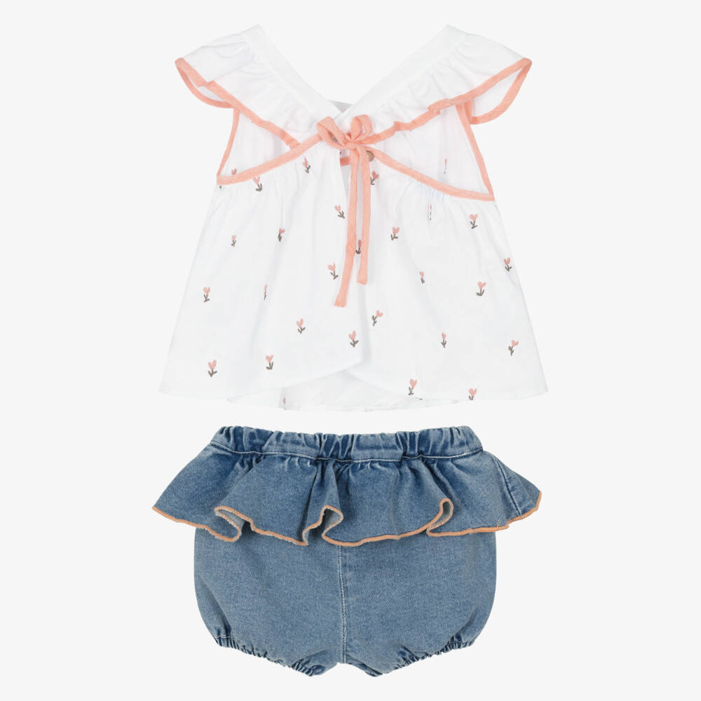 Foque-طقم شورت وبلوزة قطن لون أبيض للبنات | Childrensalon