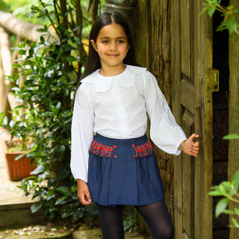 Foque-Girls White & Navy Blue Cotton Skirt Set with Tartan Trim | Childrensalon