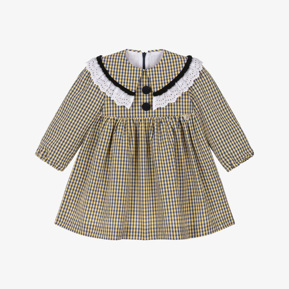 Foque-Girls Yellow & Blue Cotton Gingham Dress | Childrensalon
