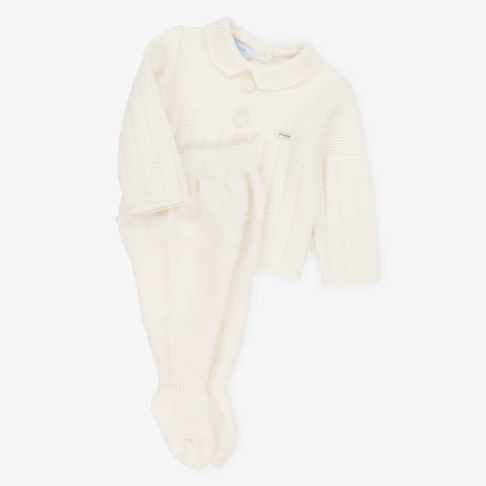 Foque-Ivory Wool & Cashmere Knitted 2 Piece Babygrow | Childrensalon