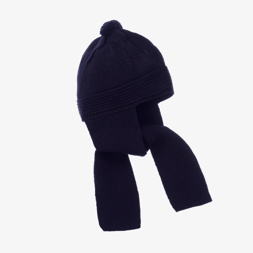 Foque-Navy Blue Knitted Pom-Pom Hat With Attached Scarf | Childrensalon