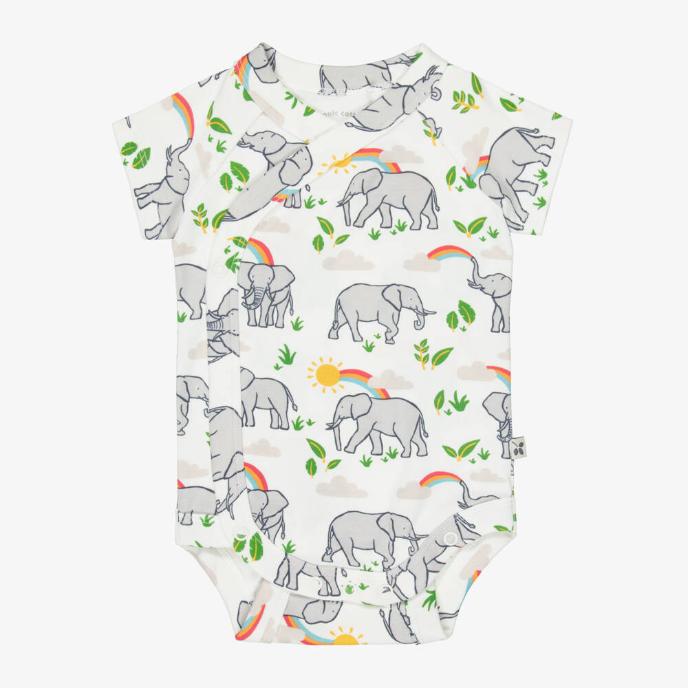 Frugi-Baby Boys White Cotton Elephant Print Bodyvests (2 Pack) | Childrensalon