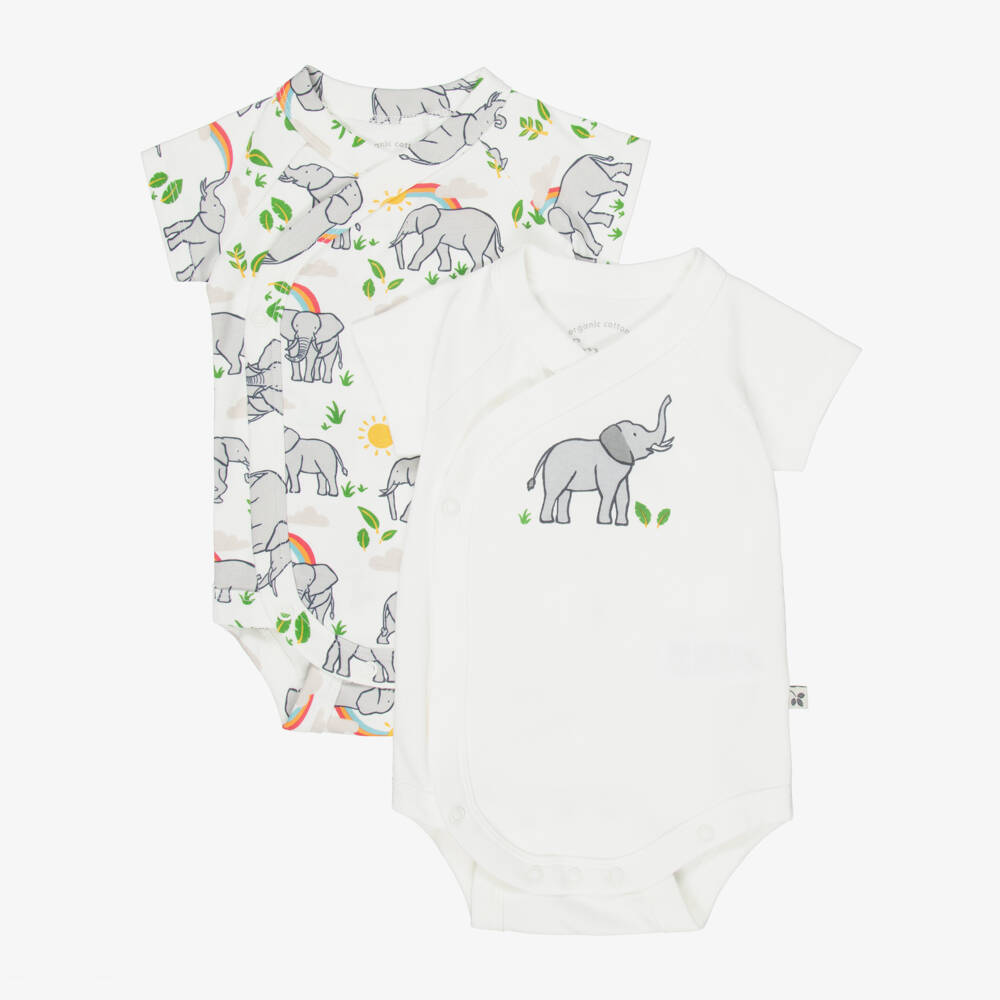 Frugi-Baby Boys White Cotton Elephant Print Bodyvests (2 Pack) | Childrensalon