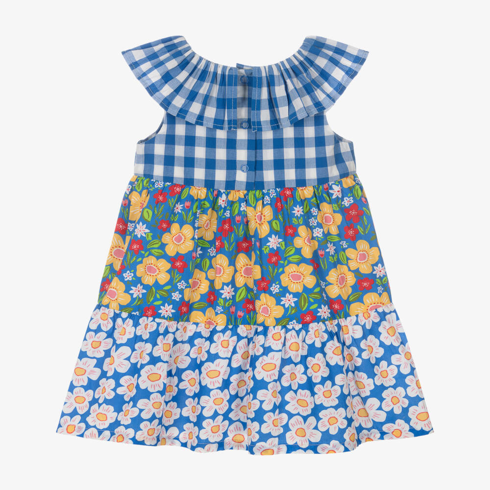 Frugi-Baby Girls Blue Gingham & Floral Organic Cotton Dress | Childrensalon