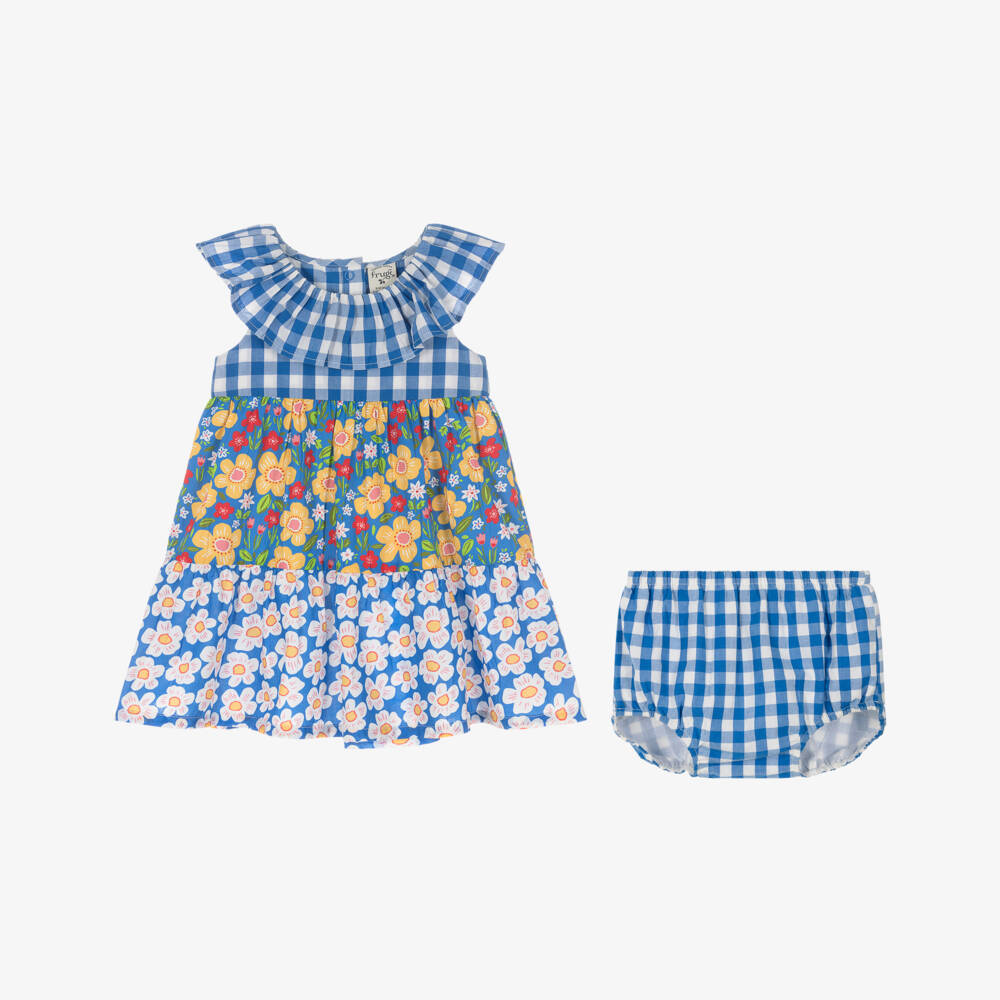 Frugi-Baby Girls Blue Gingham & Floral Organic Cotton Dress | Childrensalon