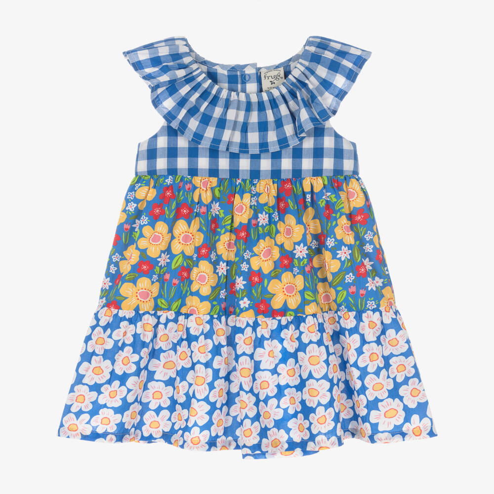 Frugi-Baby Girls Blue Gingham & Floral Organic Cotton Dress | Childrensalon